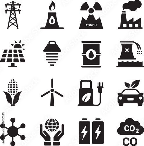 Illustrations of various energy sources and environmental symbols