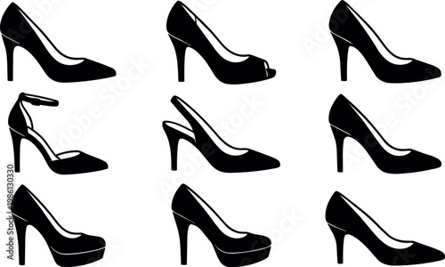 Black high heel shoes collection with ankle strap platform and peep toe styles