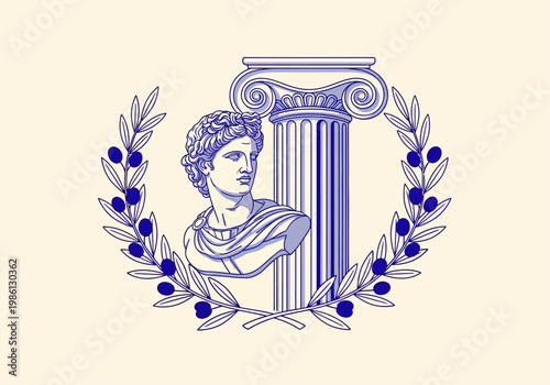 Blue Line Art Illustration of a Classical Greek Bust, Ionic Column, and Olive Wreath