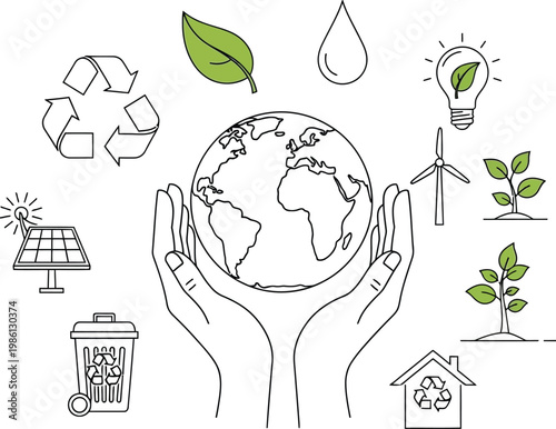 Hands cradling the Earth illustration surrounded by various ecological symbols representing global environmental conservation and sustainable energy concepts vector graphic design.
