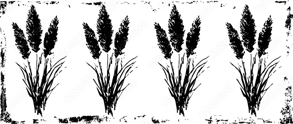 Fototapeta premium wheat ears silhouette set with grass isolated on white background in grunge