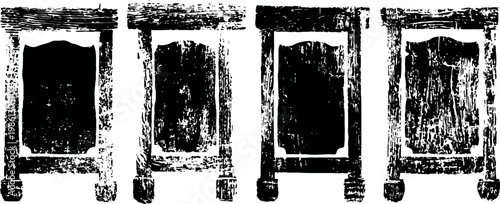 Four antique wooden cabinets with carved details, vintage rustic furniture collection