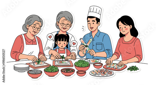 Family cooking together at home with chef