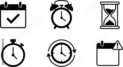 Black and white time management icons with alarm clock calendar and stopwatch symbols