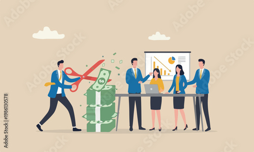 Cut bills reduce to cost and expense, teams together cash flow concept, businessman using big scissors to cut pile of bills and expense