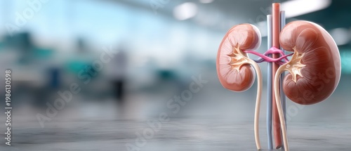 3d rendering of a human kidney showing detailed structure with abstract representation of tubes and capillaries on blue background