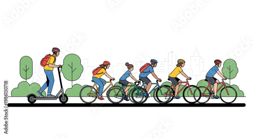 Cyclists and scooter rider commuting together in a row