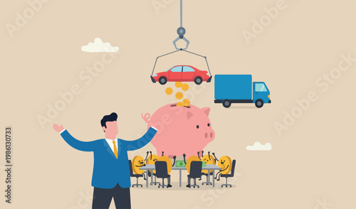 Saving money for new car automobile expense and cost car loan concept wealthy piggybank business man open container loading deliver team new big car new owner