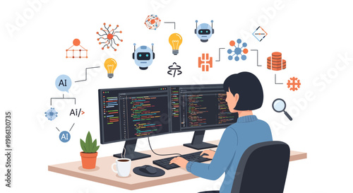 programmer working on computer with multiple monitors and coding