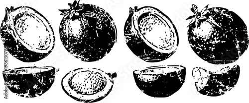 whole and halved mangosteen fruits showing white segmented interior and thick rind isolated on white