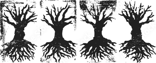 Four stylized black trees with roots and bare branches in a grunge texture design