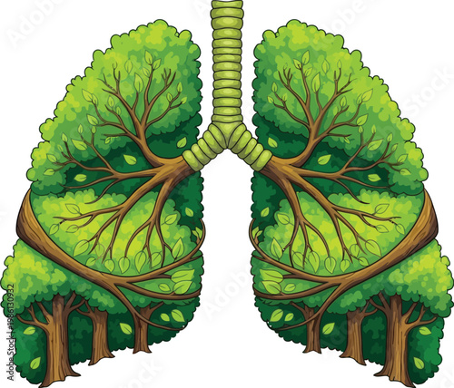 Vector graphic illustration of healthy human lungs made from vibrant green trees and leaves, representing clean air and environmental well-being.