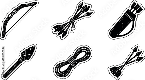 Bow arrow quiver spear and rope vector set