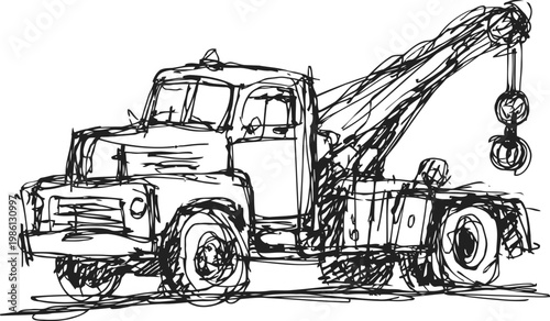 Vintage tow truck illustration classic wrecker vehicle with hook crane hand drawn sketch
