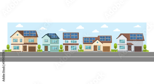 Row of suburban houses with solar panels on roofs