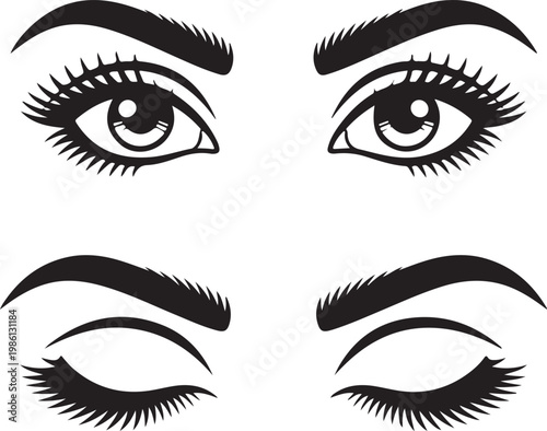 Four distinct styles of expressive black eyeliner designs on closed and open eyes