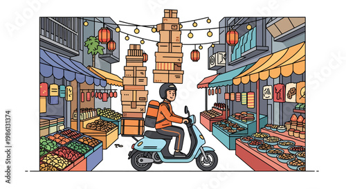 Delivery rider on scooter in market street with colorful stalls