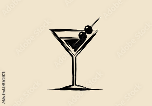 Vintage Minimalist Martini Cocktail Illustration with Two Olives - Classic Bar and Nightlife Graphic