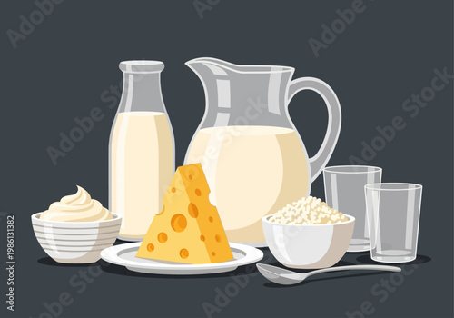 Assorted Dairy Products Vector Illustration: Milk, Cheese, Yogurt, and Cottage Cheese Set