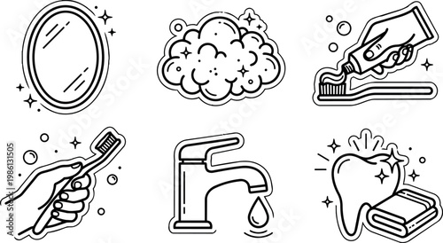 Cleaning mirror hand washing toothbrush toothpaste and faucet line art vector