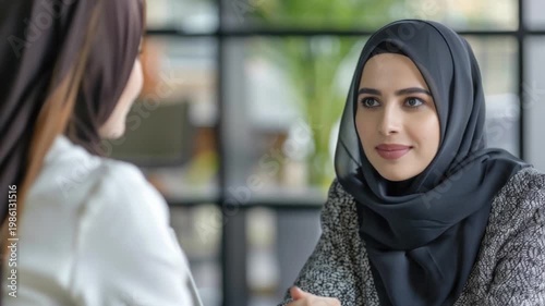 Two women wearing hijabs engaged in conversation