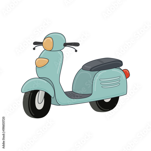 Cute hand-drawn retro scooter illustration in mint blue. Whimsical vintage moped vector art for kid’s t-shirt prints, travel-themed nursery posters, and playful room decor. White background.