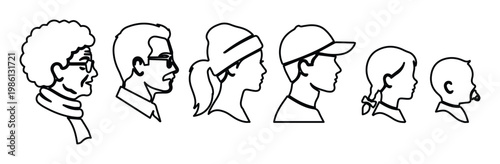 Minimalist people profile icons, diverse family generation avatars, black line art vector set