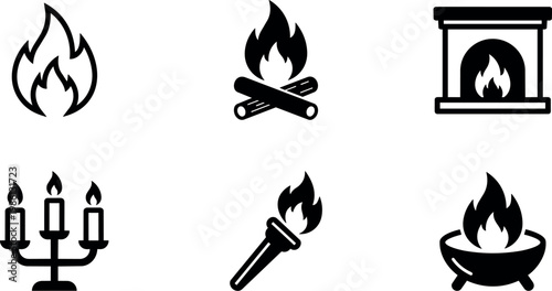 Black and white fire icons with logs candle torch fireplace and brazier