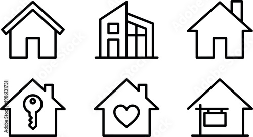Black outline icon set of six different house shapes including key heart and signboard