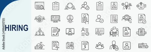 Hiring and recruitment line icons set for human resources business design