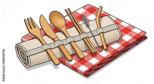 Colorful picnic utensils on red checkered tablecloth
