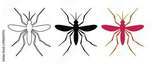 Mosquito insect icons set, pest control vector symbols, black and red mosquito silhouettes