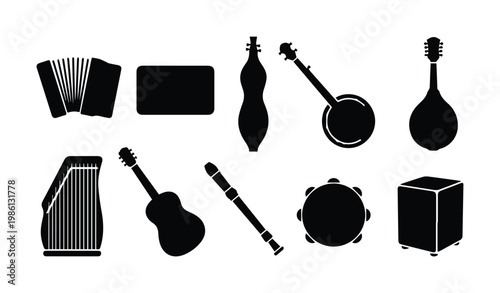 Folk music instrument icons, 10 acoustic instrument silhouettes, black musical equipment eps set
