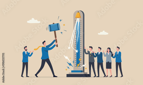 Strength meeting teams together or winning score concept, businessman hit strength tester with big hammer to reach top