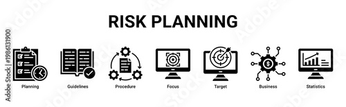 Risk Planning web banner icon vector illustration with icons of Planning, Guidelines, Procedure, Focus, Target, Business and Statistics