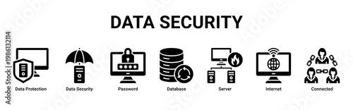 Data Security web banner icon vector illustration with icons of Data Protection, Data Security, Password, Database, Server, Internet and Connected