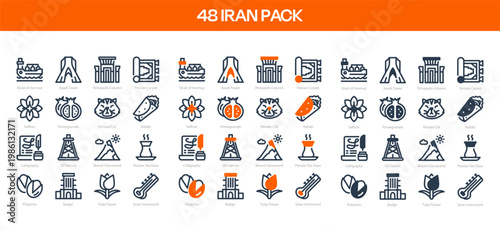 Set of 48 Iran cultural and landmark icon line art symbols