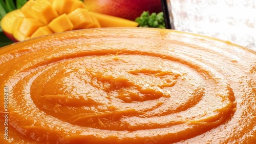 Pouring Smooth Mango Puree with Vibrant Fruits in the Background