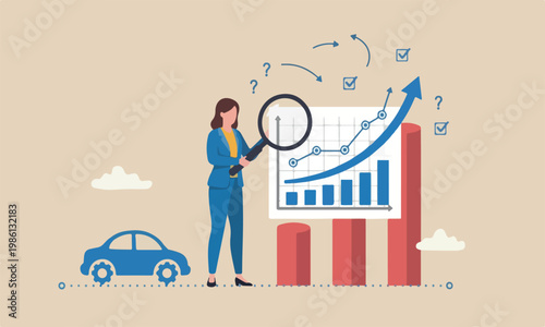Data driven red flag on red pillars information sell or advertising campaign, tracking user behavior analysis concept, woman marketer hold magnifying glass on data driven car growth graph