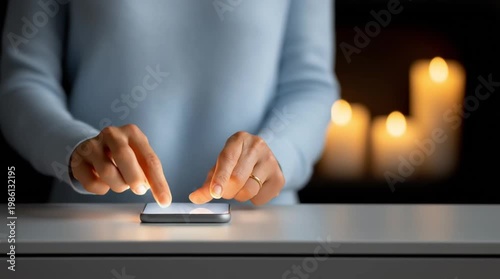 Close up of european woman hands using smartphone with glowing touch in dark cozy atmosphere with candles representing digital interaction and modern lifestyle