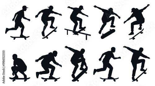 10 Man Skateboarding Silhouette Vector Pack – Street Sport & Urban SVG Collection