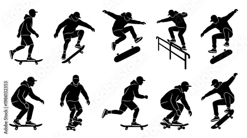 10 Man Skateboarding Silhouette Vector Pack – Street Sport & Urban SVG Collection