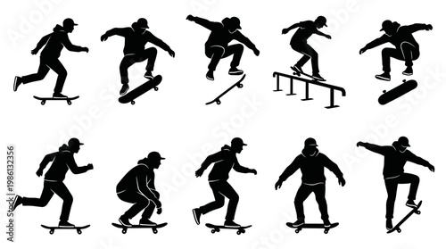 10 Man Skateboarding Silhouette Vector Pack – Street Sport & Urban SVG Collection