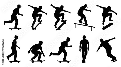 10 Man Skateboarding Silhouette Vector Pack – Street Sport & Urban SVG Collection