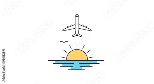 Capturing the freedom of flight and the beauty of a journey over a serene ocean landscape at sunrise with a departing aircraft and soaring birds painting a scene of travel and adventure