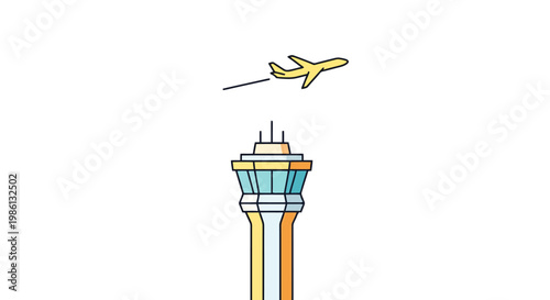 Aircraft ascends into the open air above an airport s control tower creating a scene of aviation operations and aerial transportation symbolizing journey and departure a common sight in air