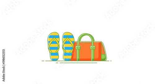 Bright orange duffel bag with green handles and striped blue yellow flip flop sandals ready for a summer vacation trip on a neutral surface symbolizing travel and leisure activities outdoors