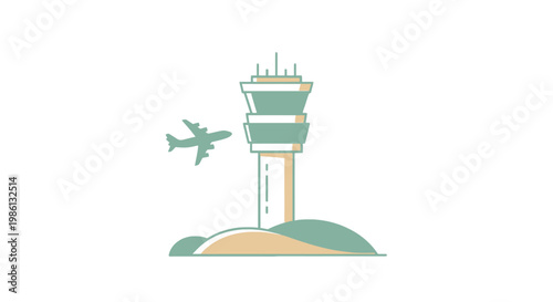 Aviation control tower overseeing a departing aircraft in a stylized graphical representation symbolizing air travel and global connectivity for transportation and logistics themes