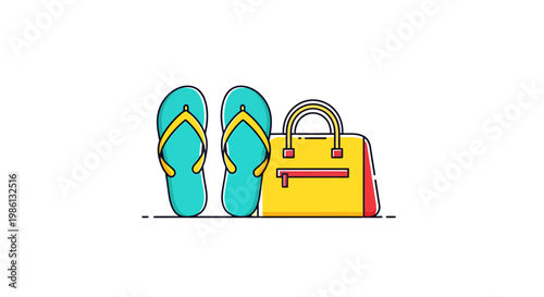 Bright yellow travel bag and teal flip flop sandals arranged together suggesting readiness for a sunny vacation or beach outing packed and prepared for summer leisure activities and adventures
