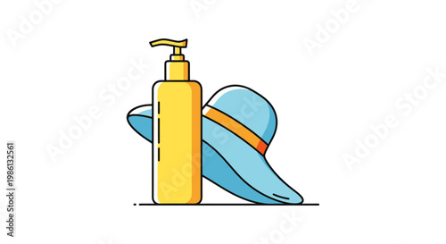 Sunscreen lotion dispenser and broad brimmed hat representing sun protection and outdoor summer activities on a clear day protecting skin from summer rays